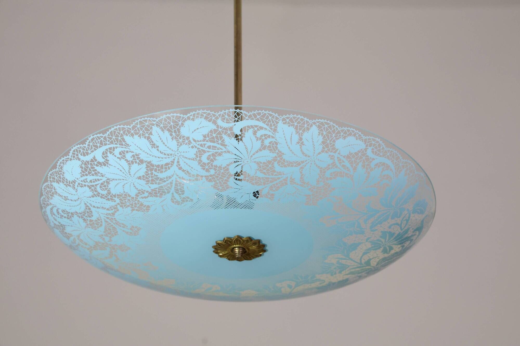 Italian Vintage Floral Glass and Brass Pendant Chandelier, Mid-Century, 2 L