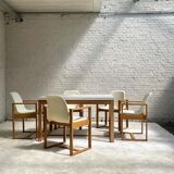Ensemble de salle à manger rare avec table extensible, 5 chaises et deux tables d’appoint