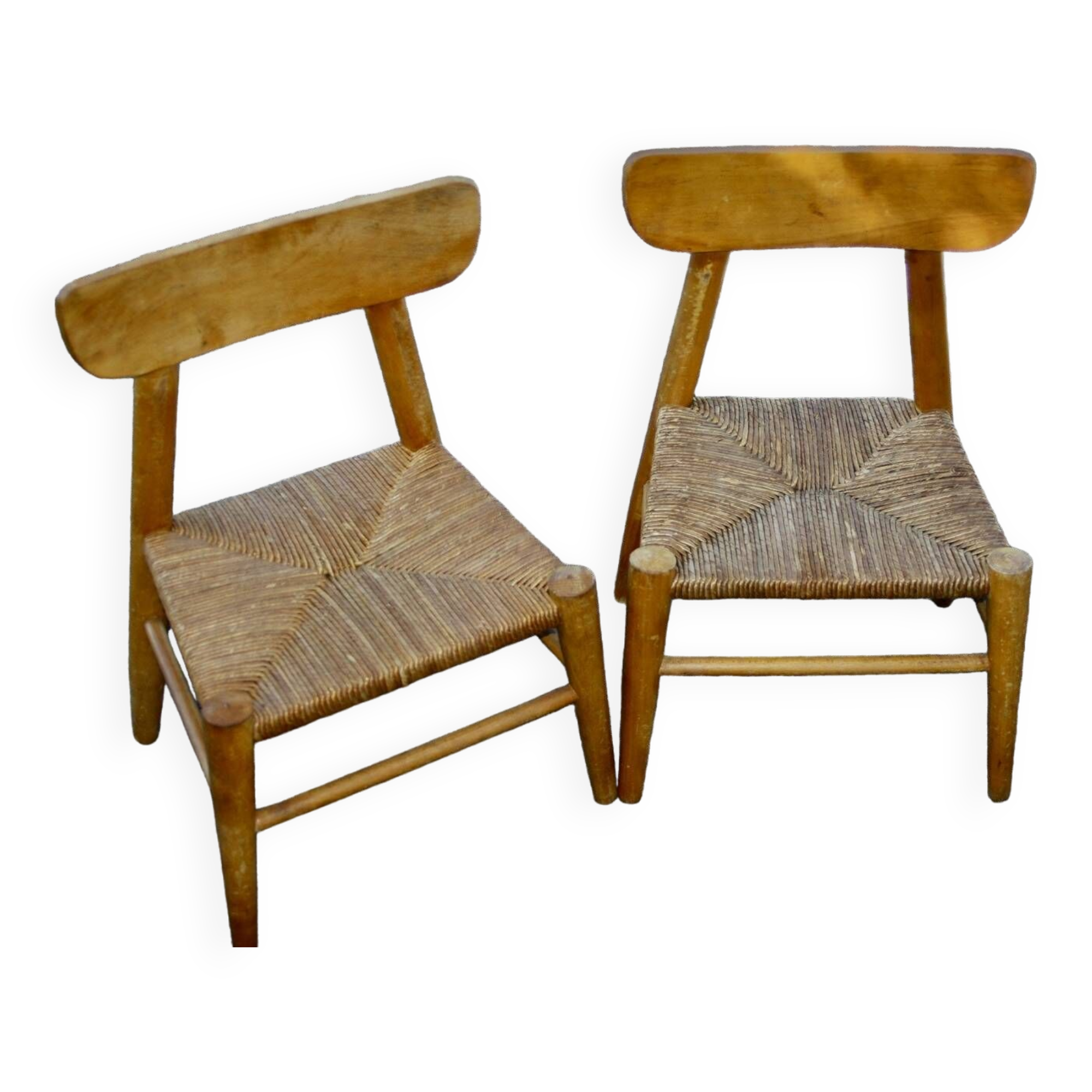 pair of vintage straw children's chairs 1950