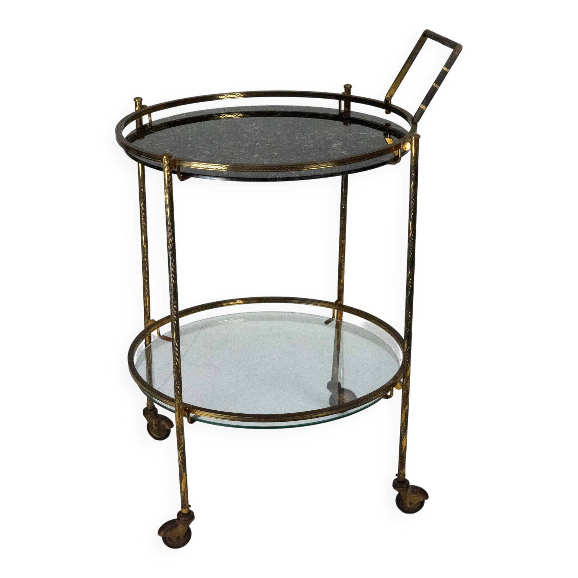 Round Mid-Century Brass and Marble-Effect Glass Bar Cart. Italy 1950s