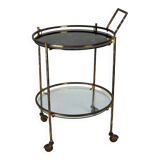 Round Mid-Century Brass and Marble-Effect Glass Bar Cart. Italy 1950s
