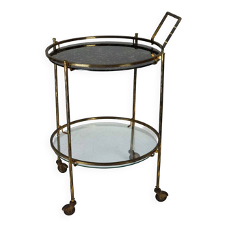 Round Mid-Century Brass and Marble-Effect Glass Bar Cart. Italy 1950s