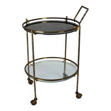 Round Mid-Century Brass and Marble-Effect Glass Bar Cart. Italy 1950s