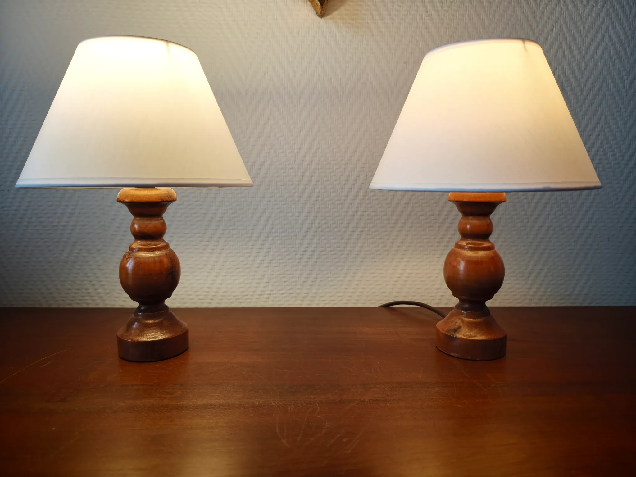 Pair of turned wooden bedside lamps