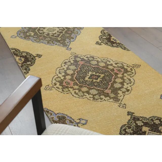 1970s Vintage Turkish Hand-Knotted Wool Cotton Yellow Runner Rug  74x383