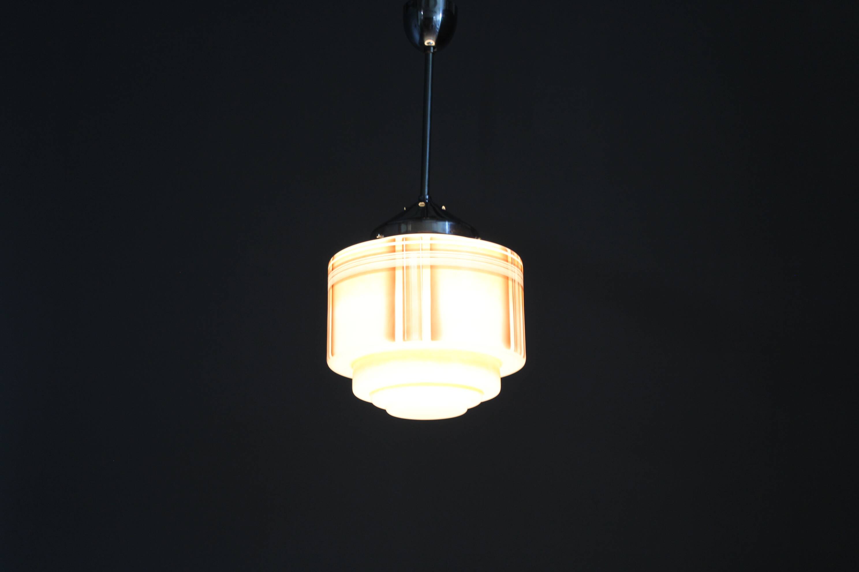 1930s Napako Art Deco pendant light in chrome and glass, restored, new wiring