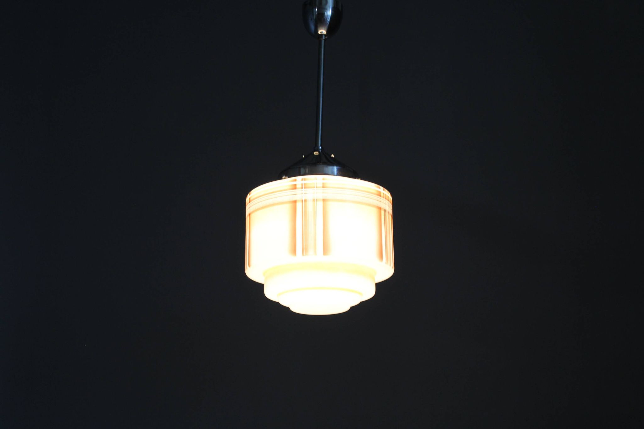 1930s Napako Art Deco pendant light in chrome and glass, restored, new wiring