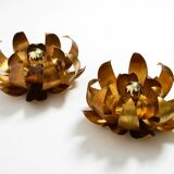 Pair of 70's gilded floral Regency wall or ceiling lamp with large leaves