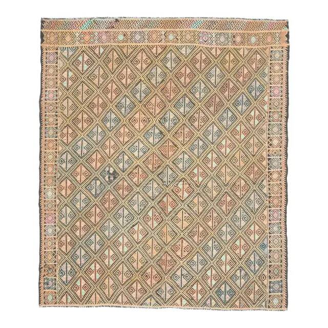 1970s vintage Turkish Oushak handmade wool cotton beige runner rug 185x212