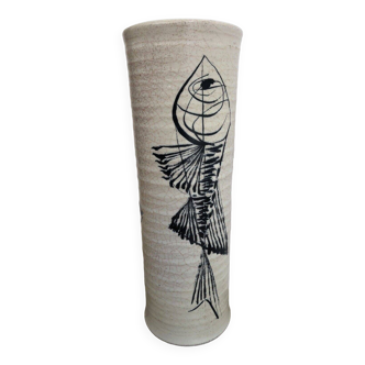 Vase céramique vintage Fernand LACAF décors aux poissons