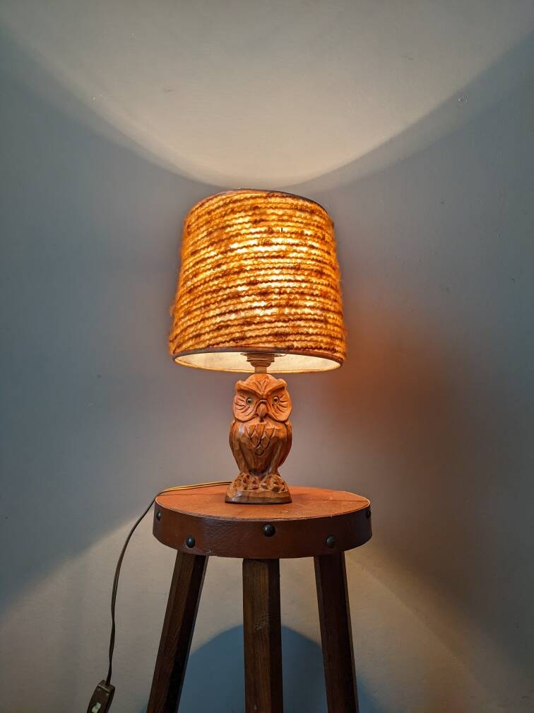 Vintage owl lamp with wool lampshade, handmade