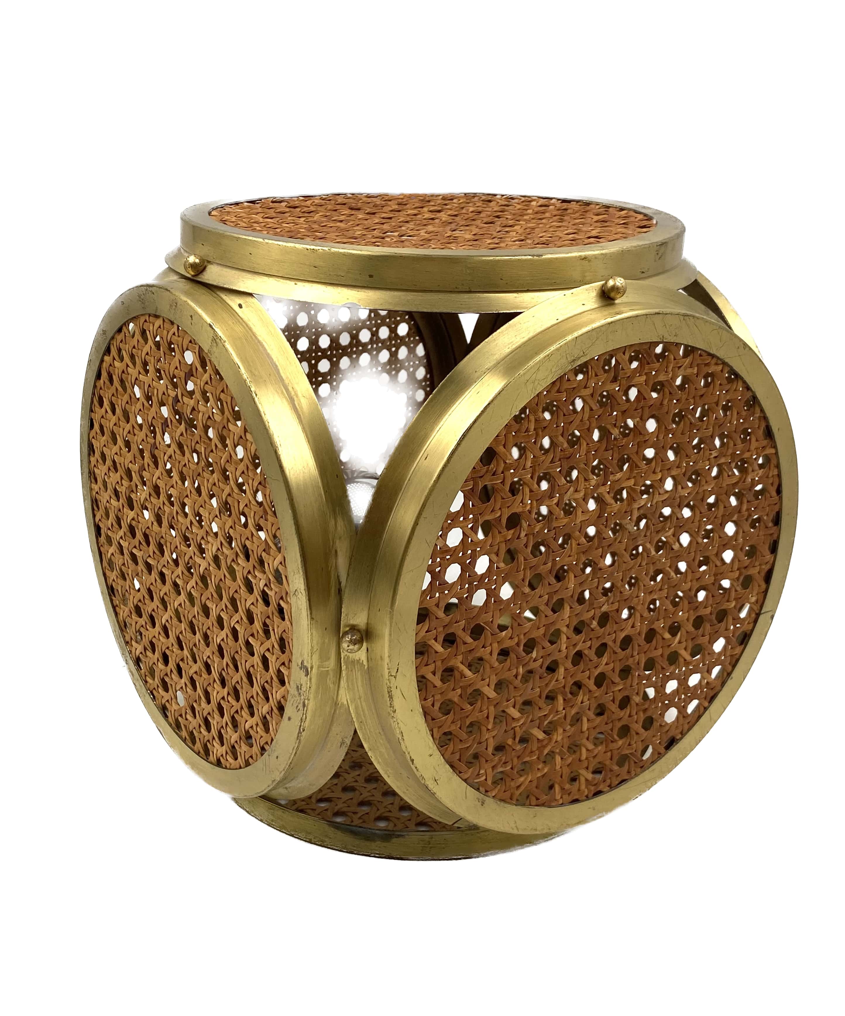 Ensemble de 2 lampes régence hollywoodiennes en laiton et paille viennoise, Italie 60's / 70's
