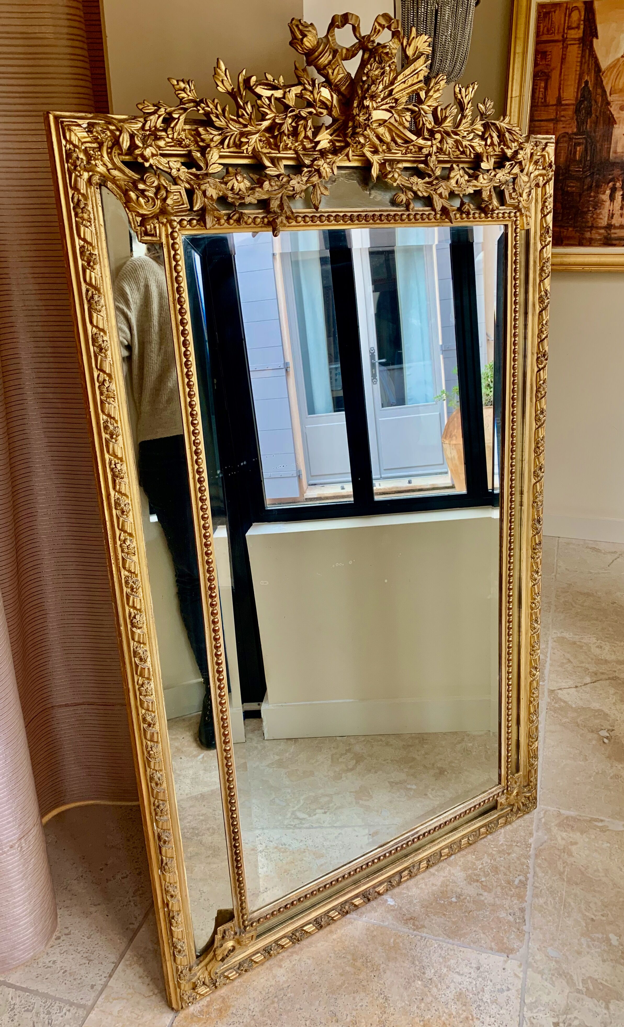 Large mirror style Louis XVI in gilded wood with parecloses xixth h: 165 cm