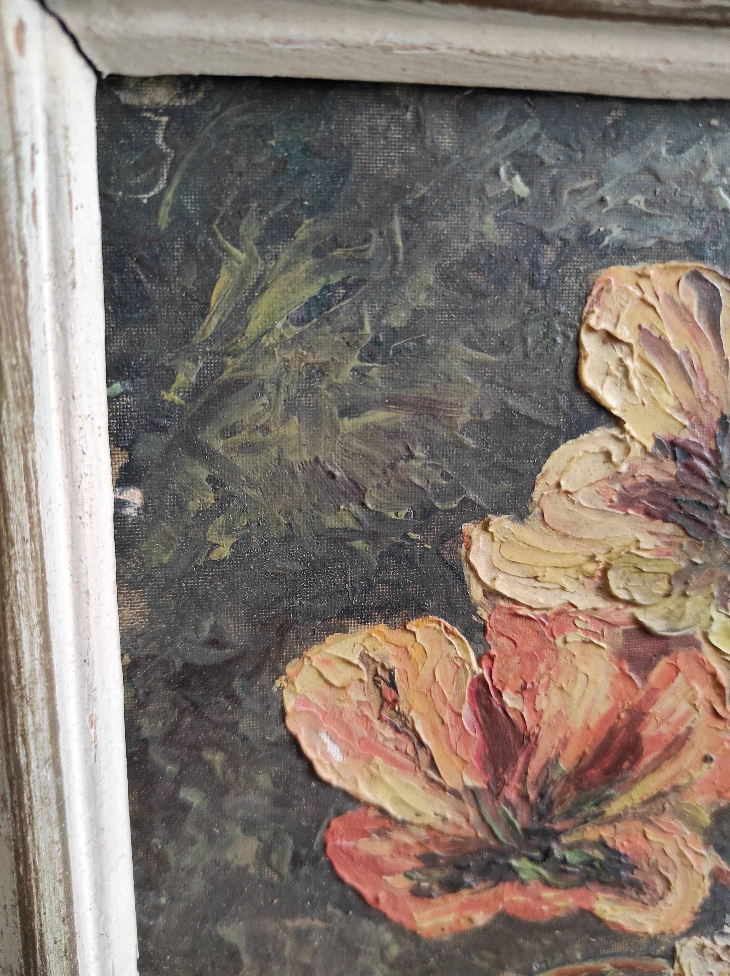 French vintage oil painting of flowers, signed A. Terrier