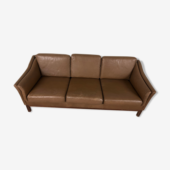 Danish three seater brown leather sofa