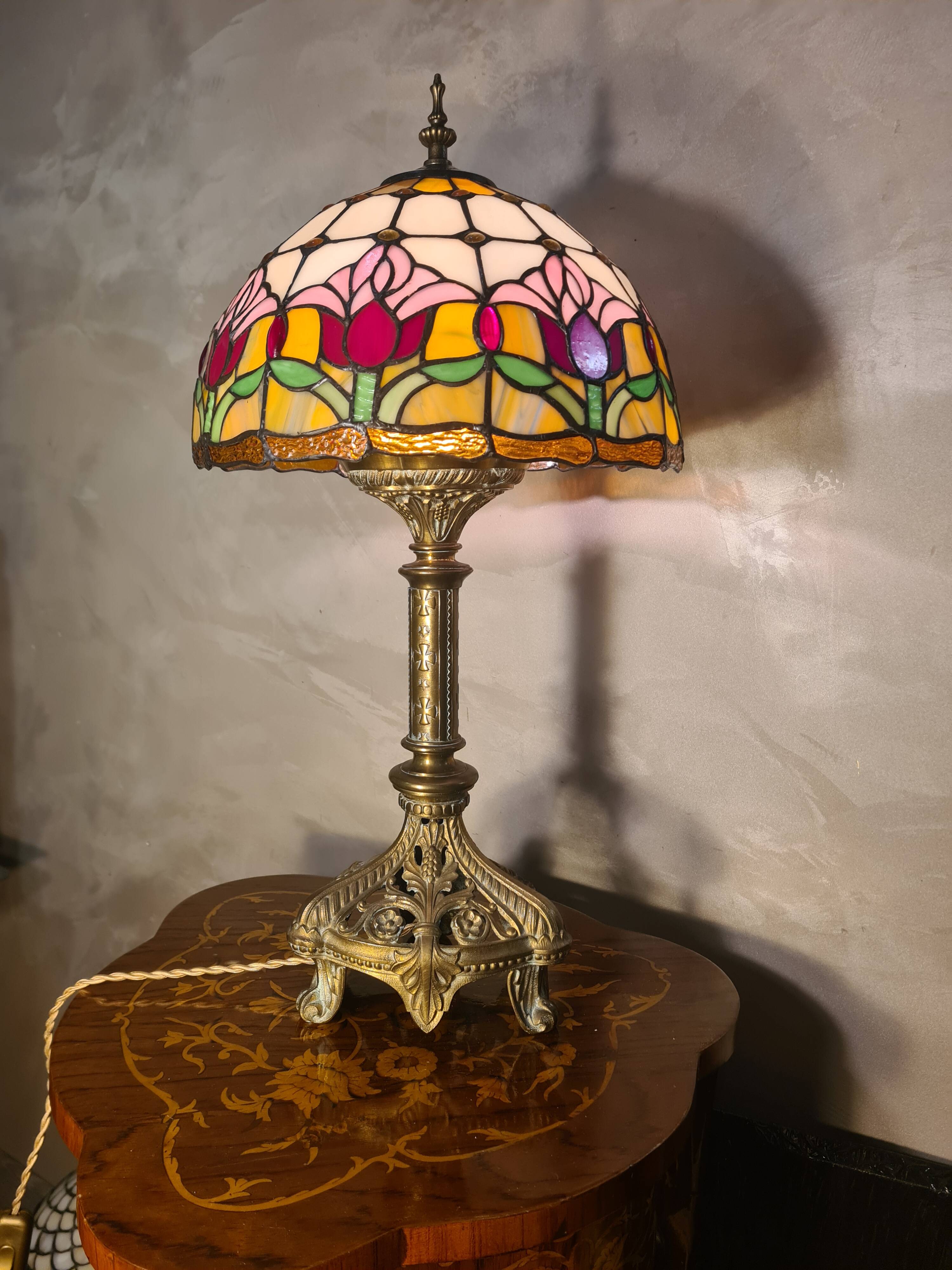 restored antique Art Nouveau bronze lamp, stained glass lampshade in Tiffany style