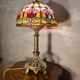 restored antique Art Nouveau bronze lamp, stained glass lampshade in Tiffany style