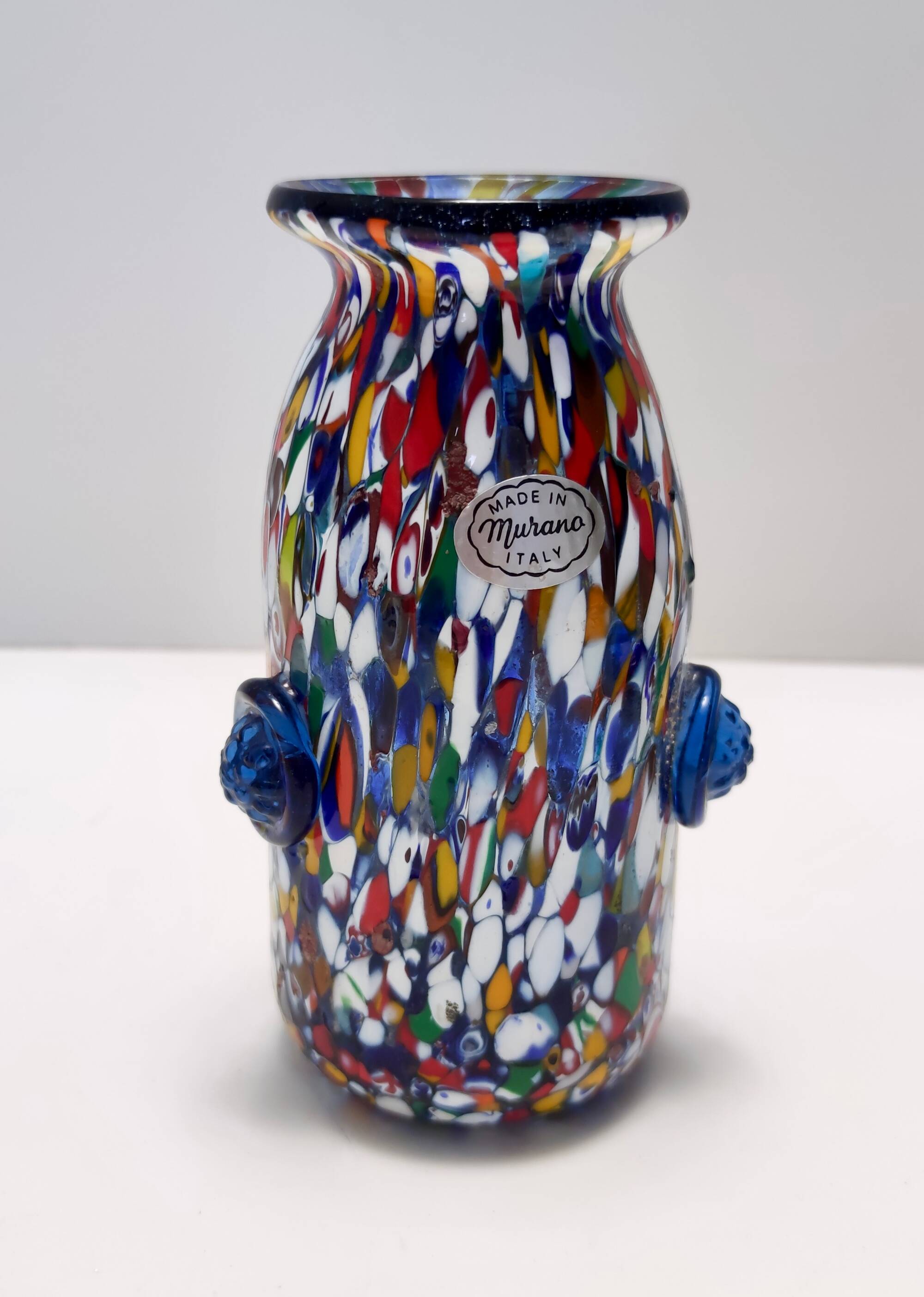 Blue Murano Glass Vase Attributed to Fratelli Toso with Murrines, Italy