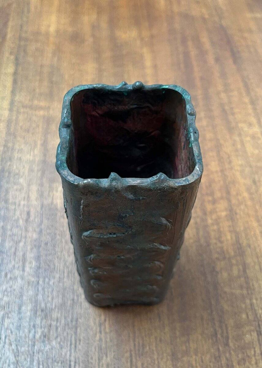 Brutalist metal block vase from the mid-century, 1960s.