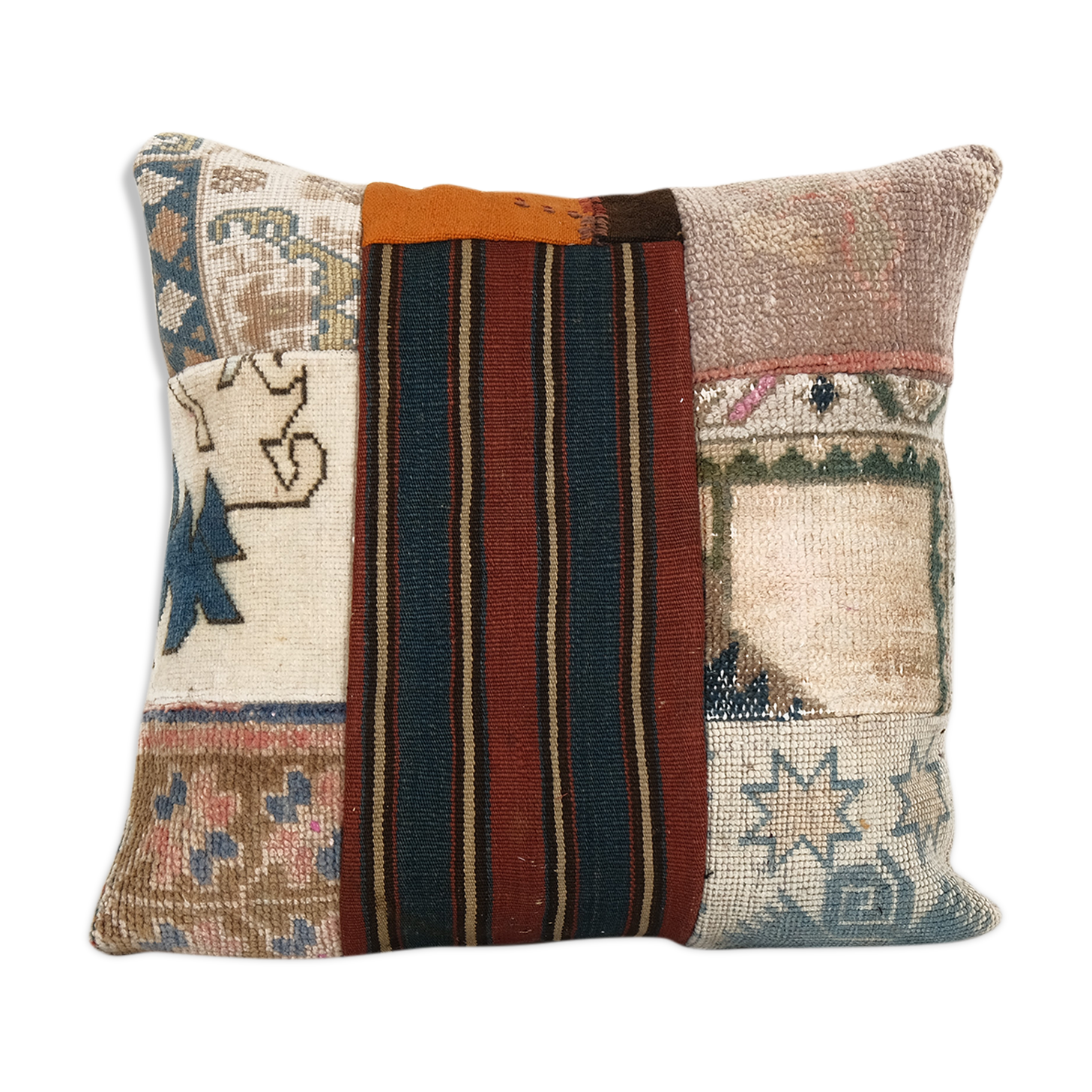 Bohemian patchwork rug pillow cover, square turkish organic cushion with mid century design, vintage