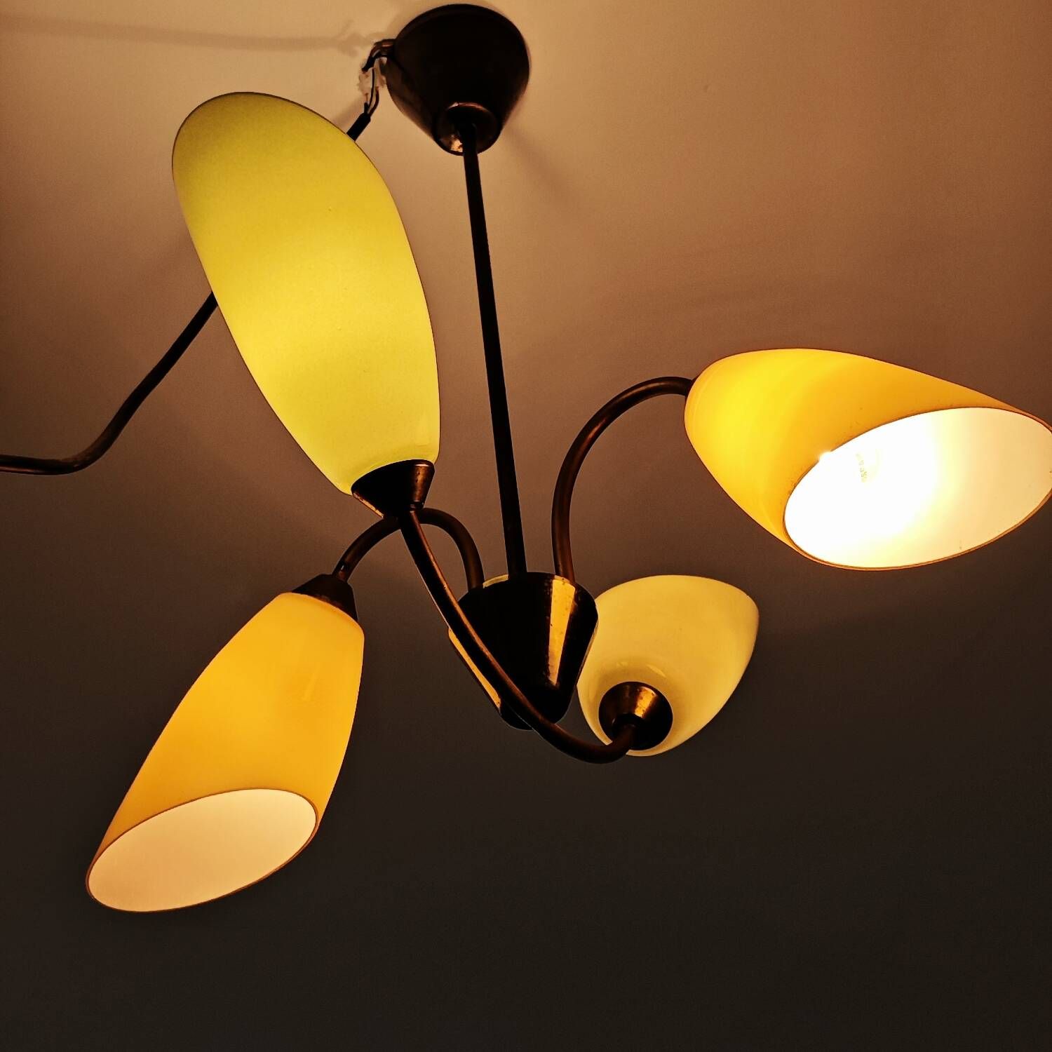 Brass and glass chandelier 4 yellow and green lights from the 60s