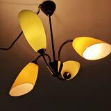Lustre laiton et verre 4 feux jaune et vert année 60