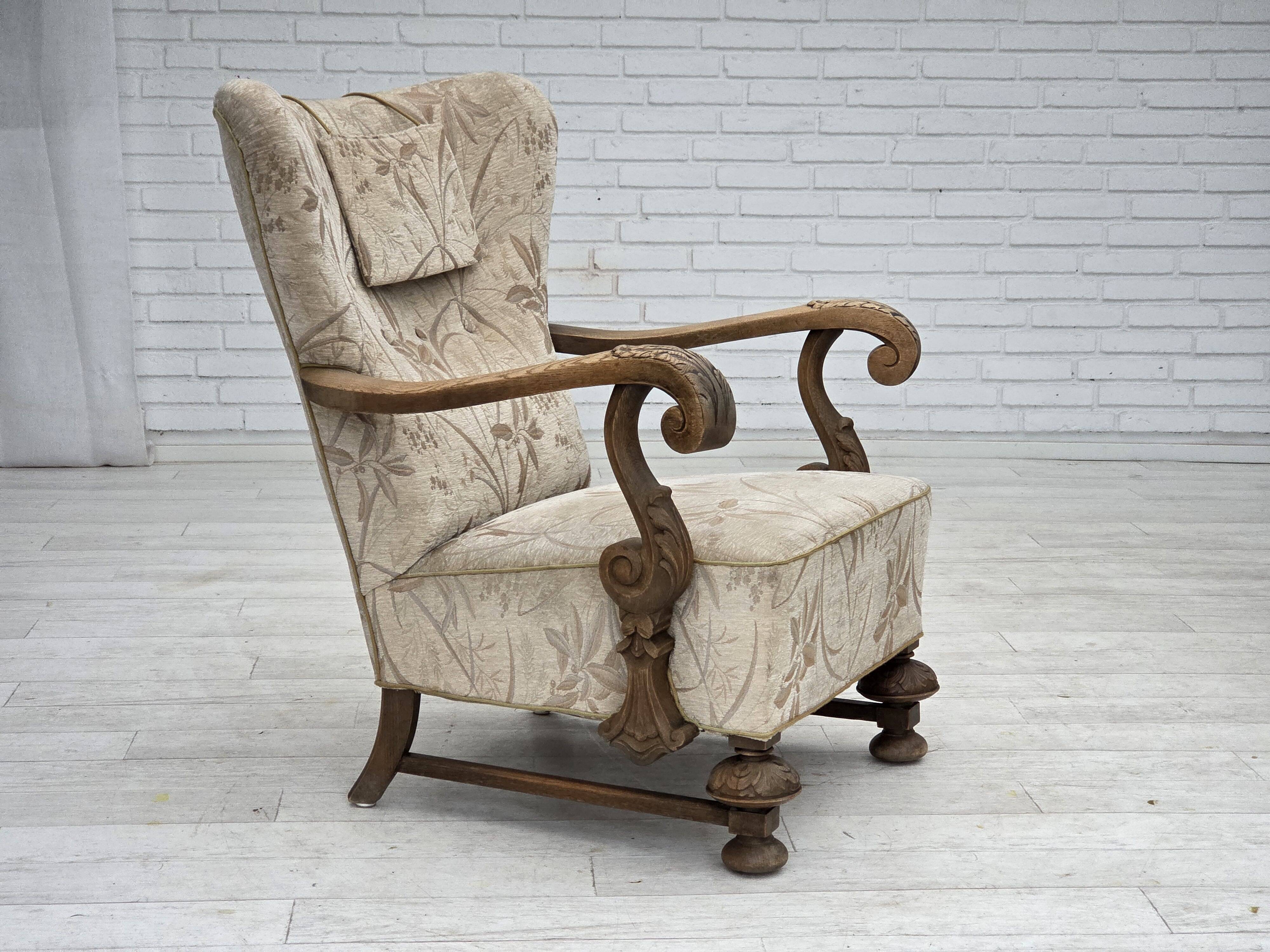 1960s, Danish armchair, beige/brown furniture fabric, carved oak wood.