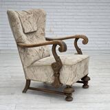 1960s, Danish armchair, beige/brown furniture fabric, carved oak wood.