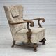 1960s, Danish armchair, beige/brown furniture fabric, carved oak wood.
