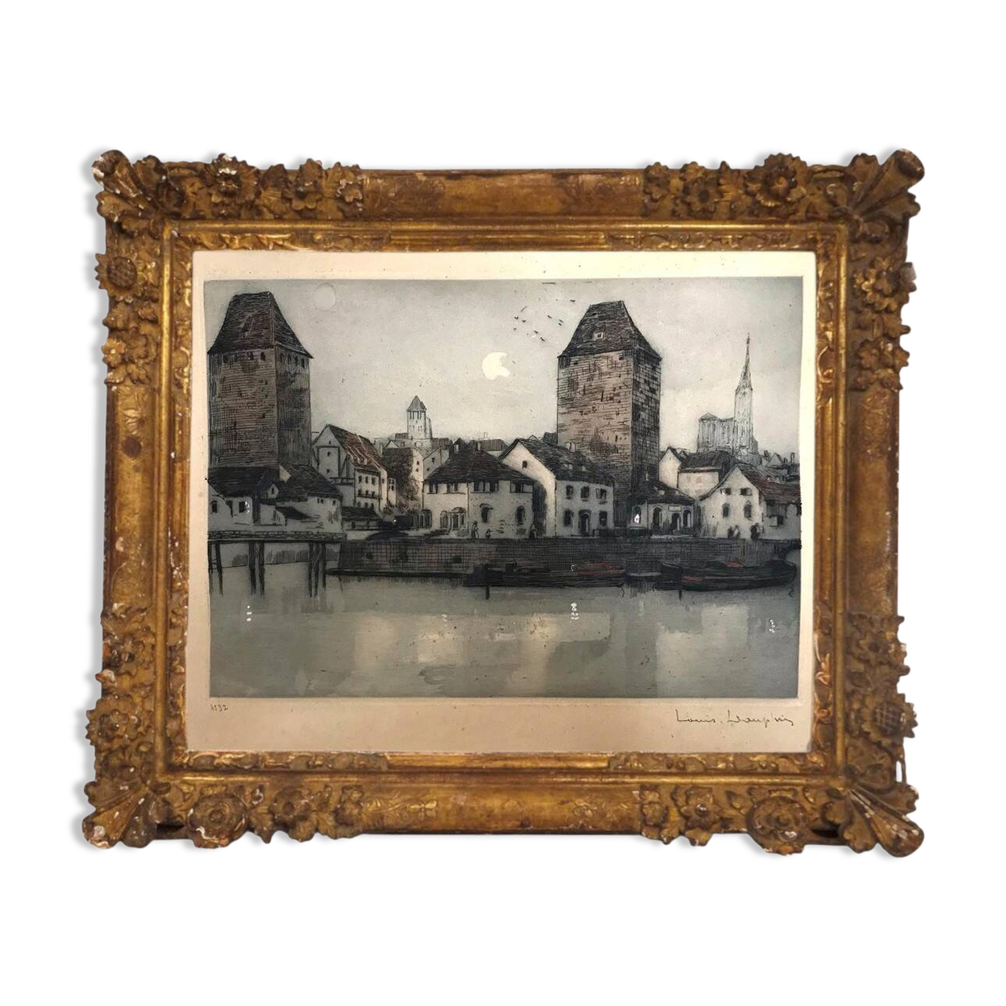 Old engraving The Two Towers signed Dauphin early 20th century