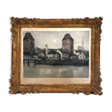 Old engraving The Two Towers signed Dauphin early 20th century