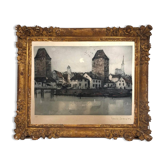 Old engraving The Two Towers signed Dauphin early 20th century