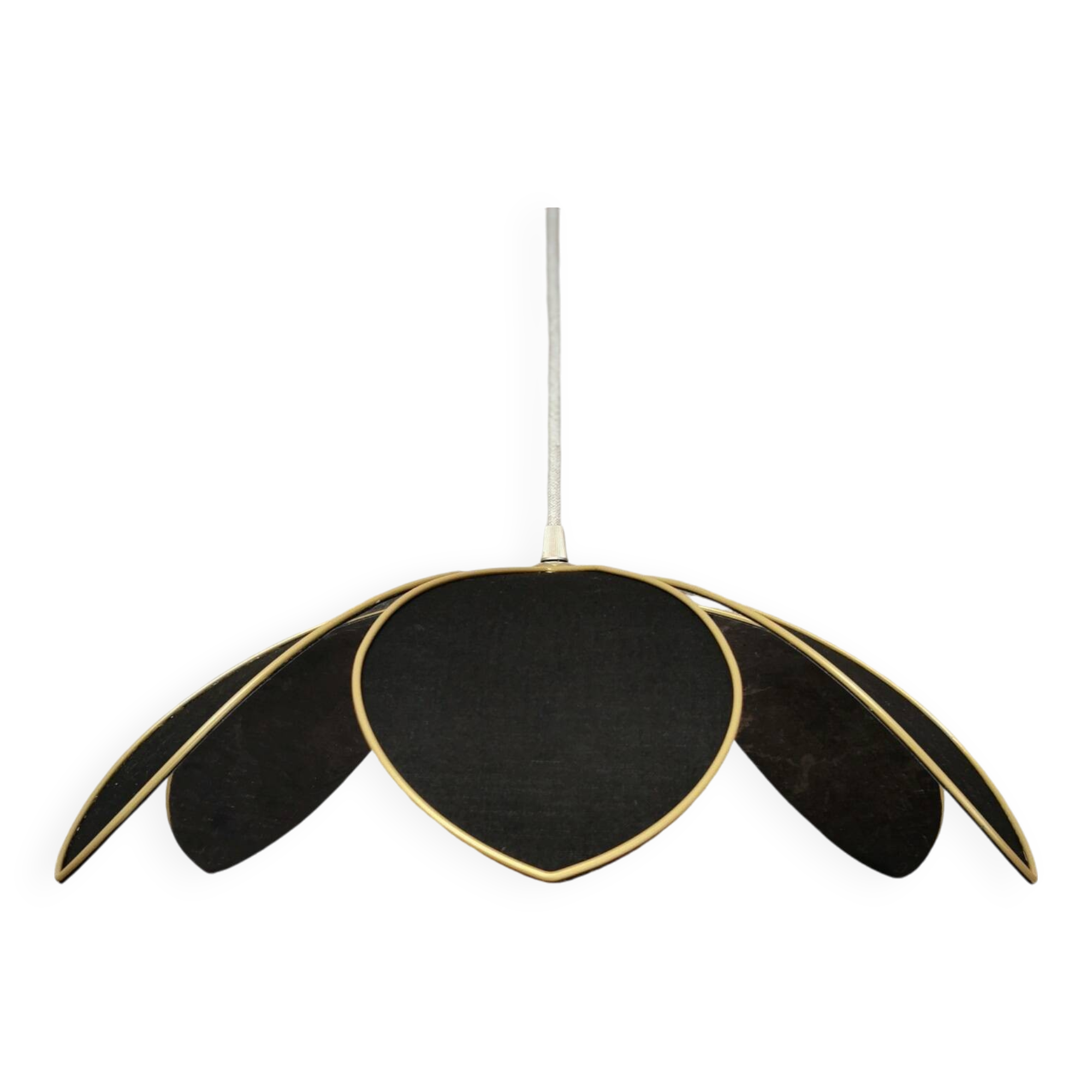 Flower suspension with metal structure and 6 black linen petals