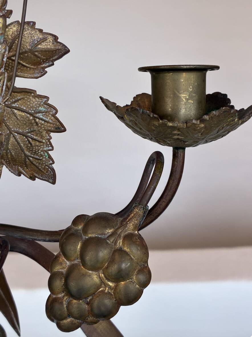 Pair of French Brass Candelabras with Opaline Glass Flowers and Grape Motif