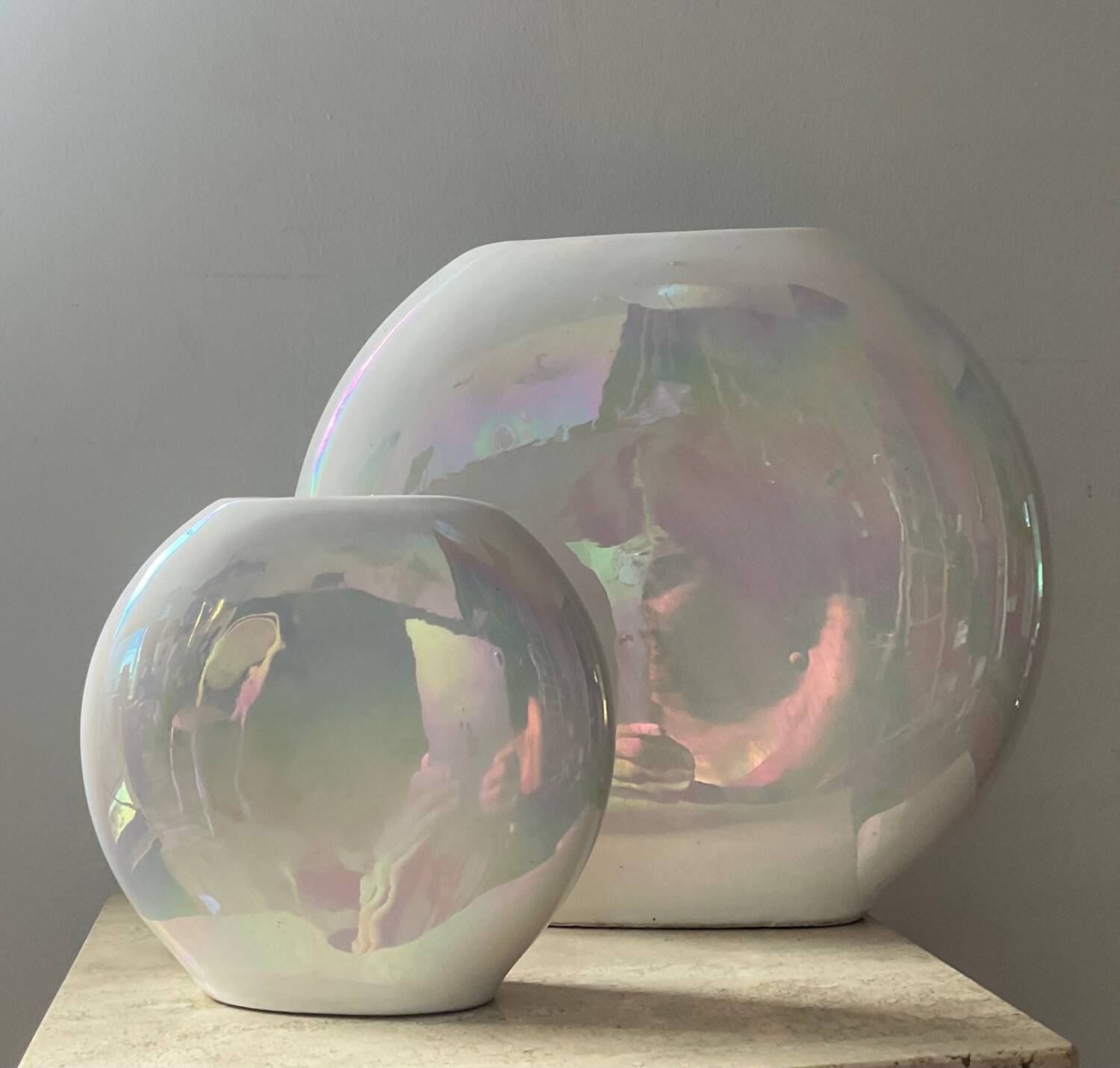 Duo of vintage round vases in iridescent ceramic
