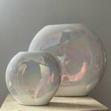 Duo of vintage round vases in iridescent ceramic