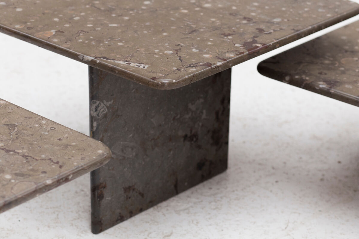 Ensemble de 3 tables basses carrées en marbre fossile, design des années 1970