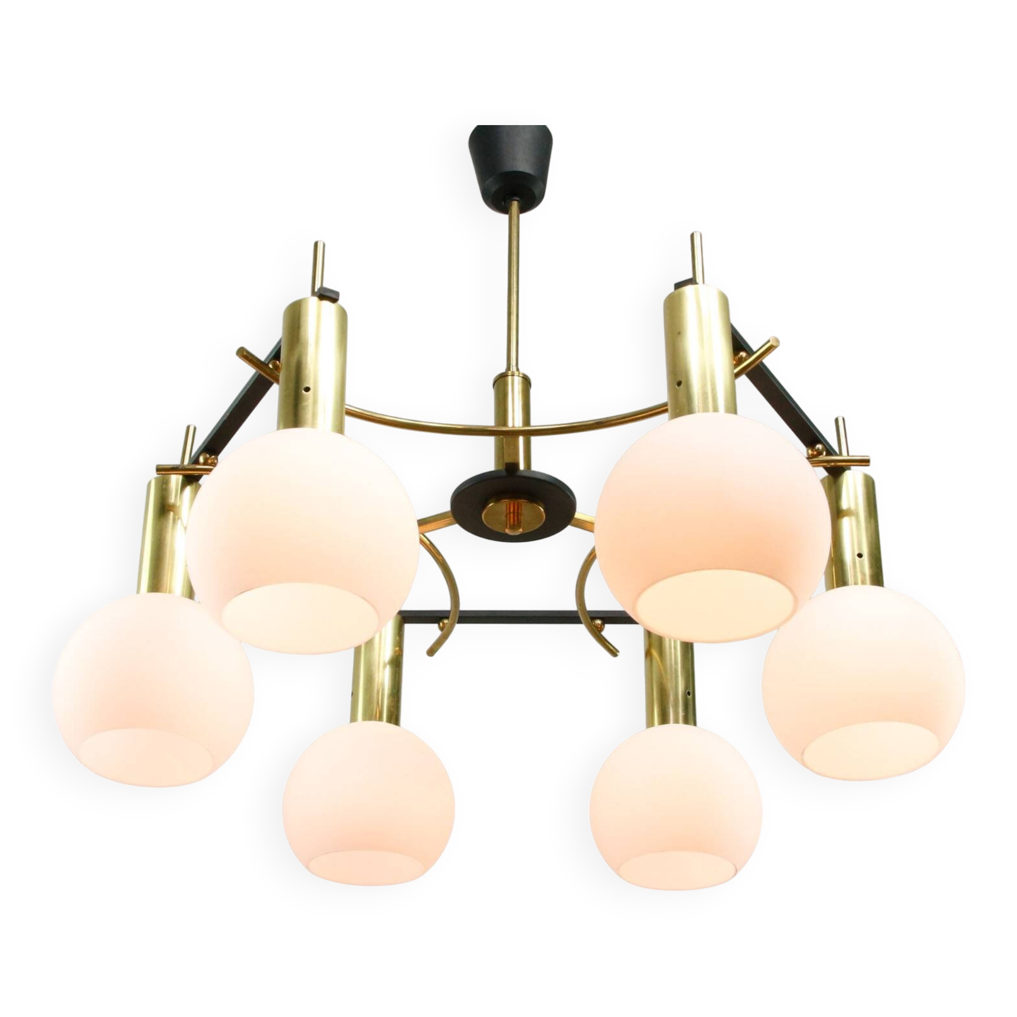 Mid-Century Modern Italian Brass and Opaline Chandelier