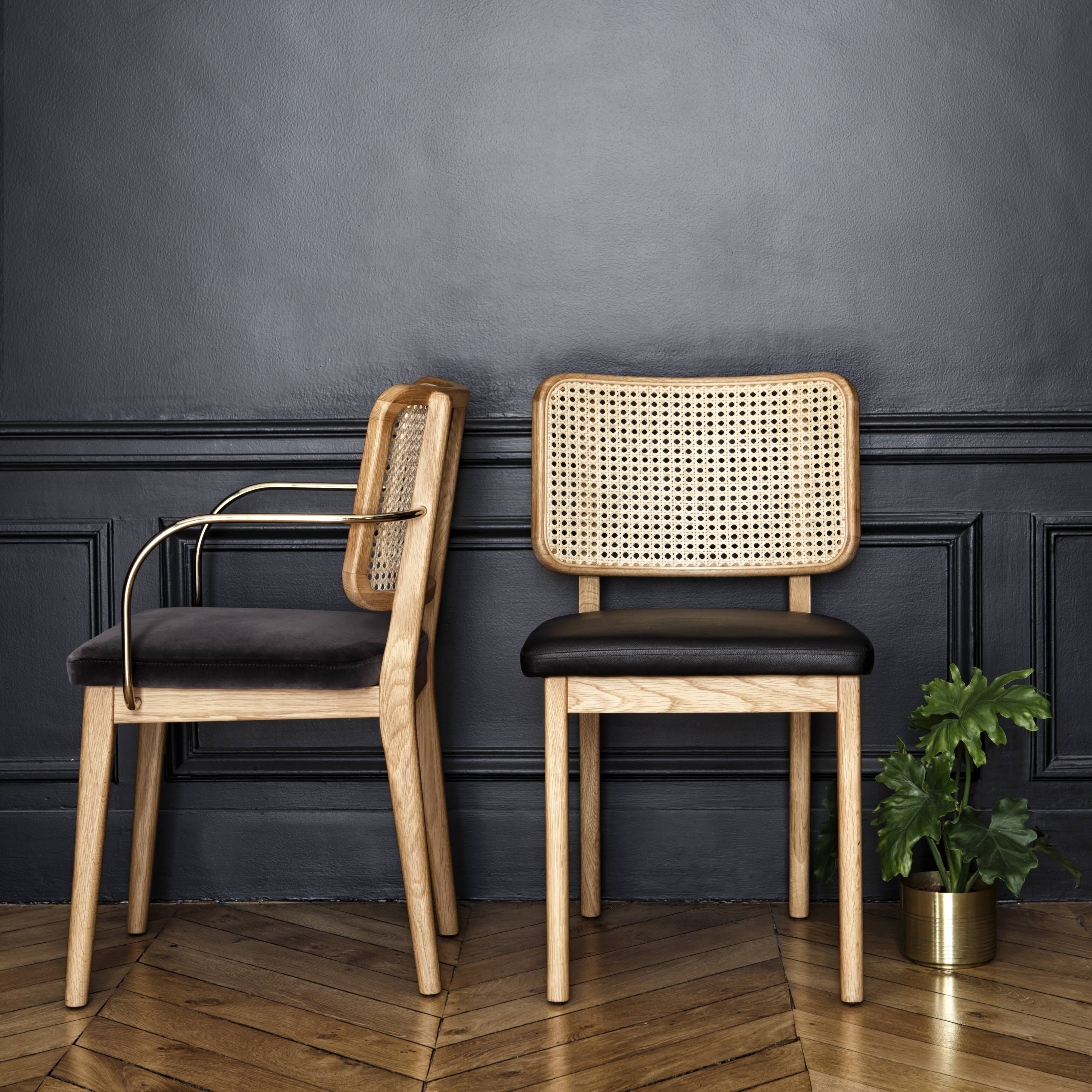 Black leather natural wood canning chair without armrests