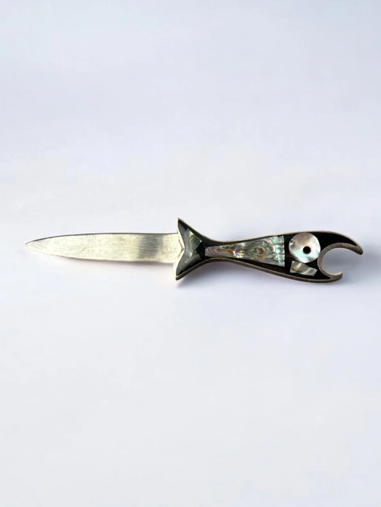 Fish letter opener, abalone shell & alpaca, Mexico, 1980s