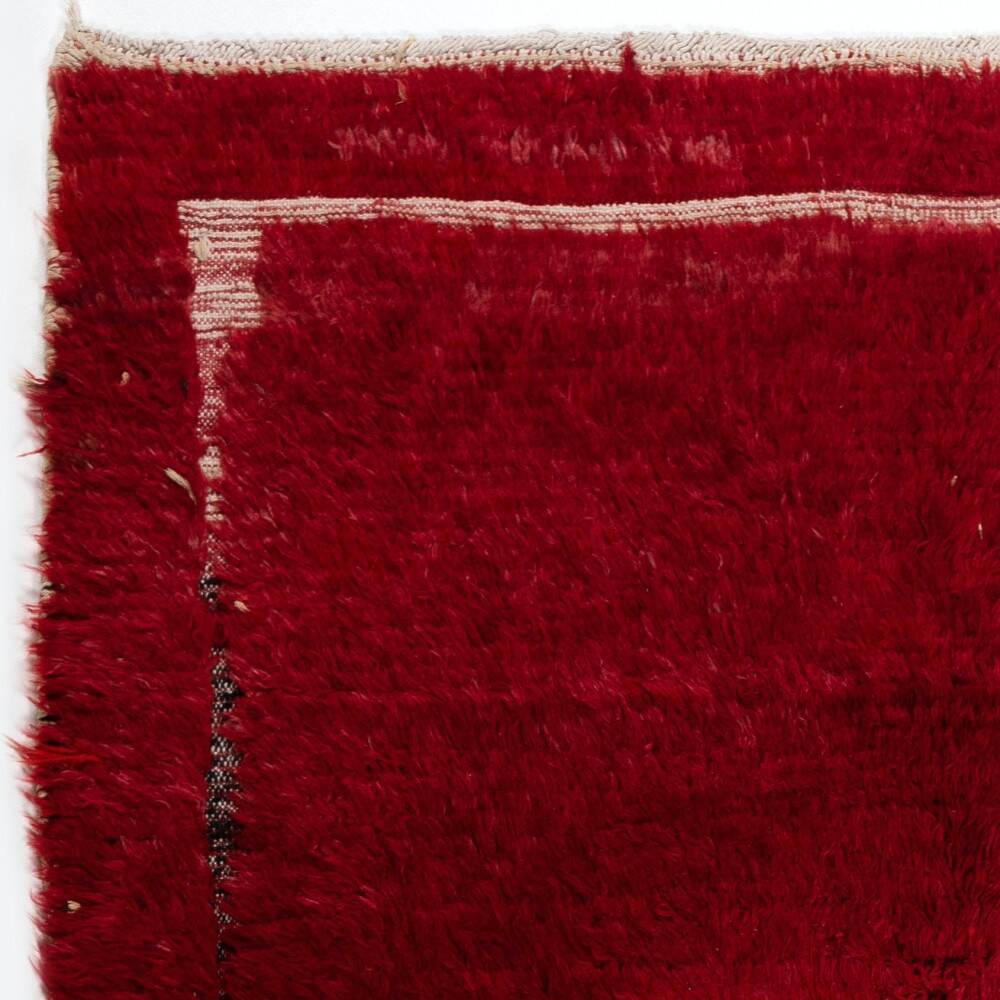 Solid Red Vintage Hand-Knotted Turkish Tulu Rug with Minimalist Ivory Border. 100% Wool