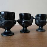 3 egg cups with black opaline glass hens Arcoroc 1980