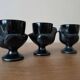3 egg cups with black opaline glass hens Arcoroc 1980
