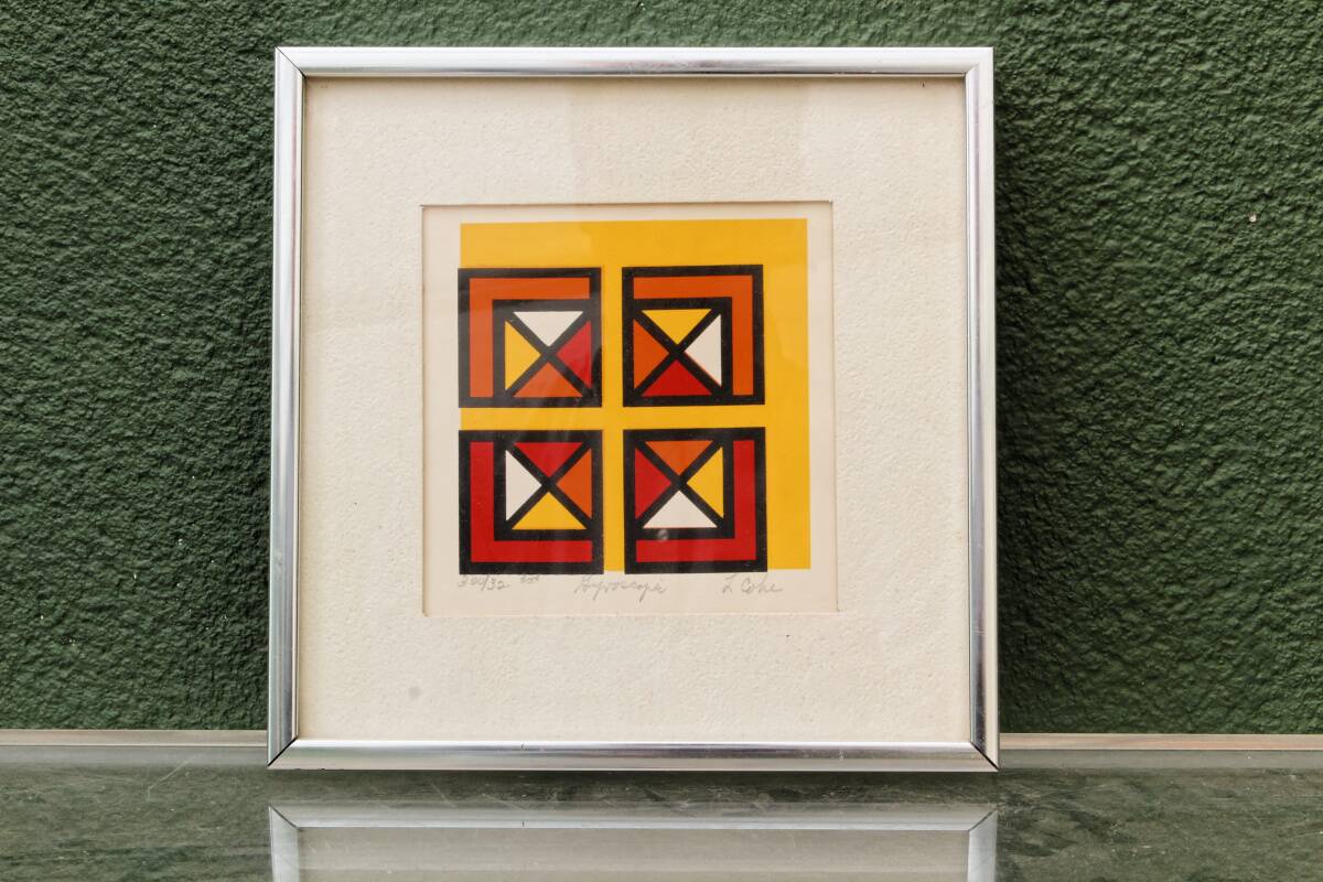 Set of two abstract screen prints, signed L Cohe.