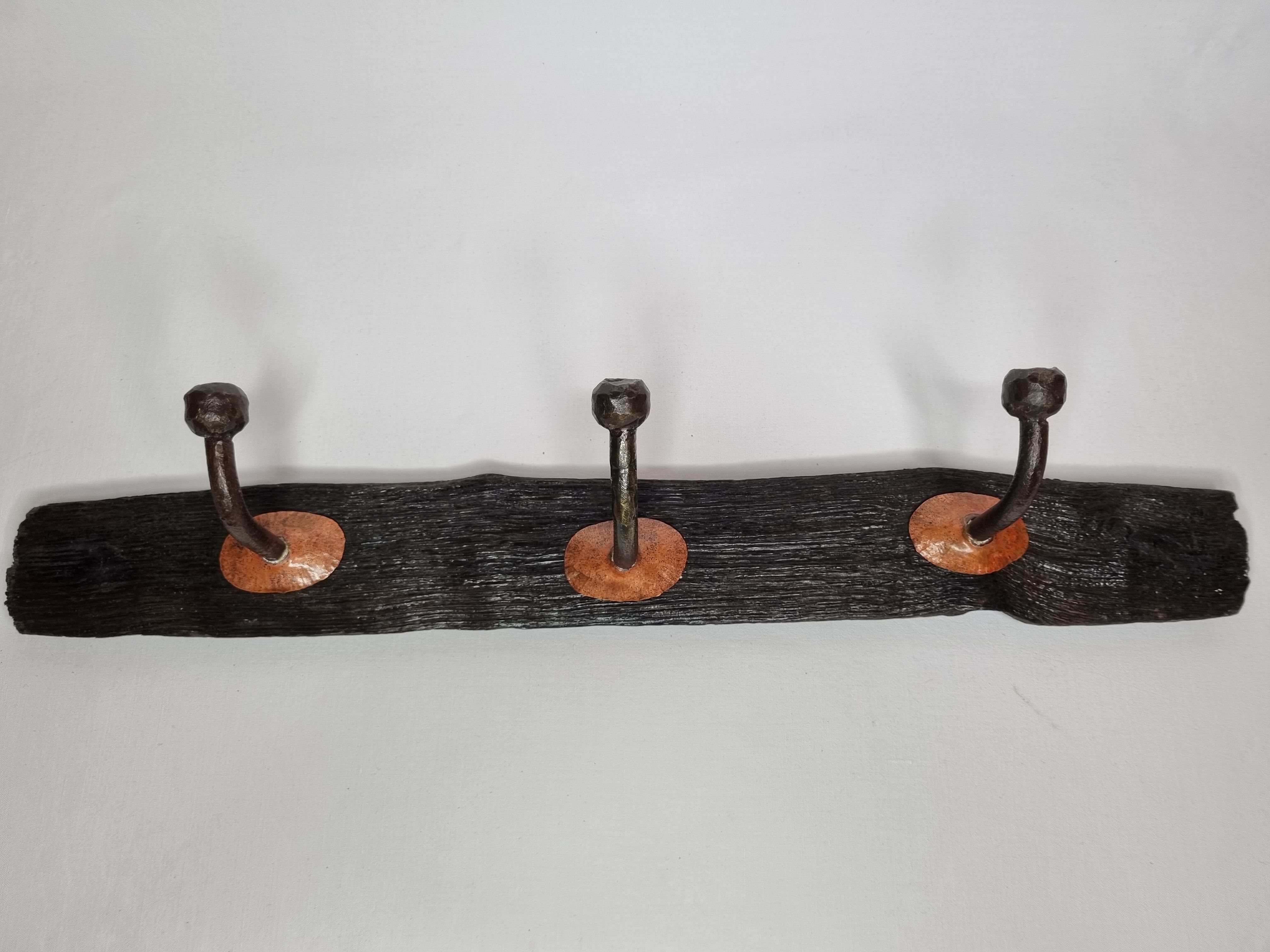 Handcrafted wall coat rack in driftwood, copper and forged steel, 3 hooks, 63 cm