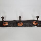 Handcrafted wall coat rack in driftwood, copper and forged steel, 3 hooks, 63 cm
