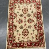 Traditional Cream Wool Rug, Small Red Floral Oriental Carpet 86x123 cm