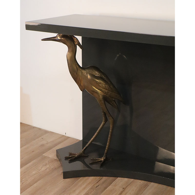 Vintage lacquered wooden console decorated with brass herons 1970