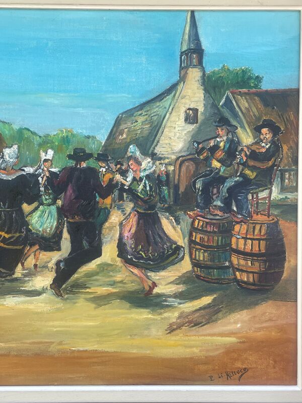 Huile sur toile, Scène Bretonne, village breton, signé Le Hellocq,  Pont Aven