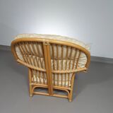 Chaise longue surdimensionnée en rotin/bambou avec coussins d'origine. Années 1970